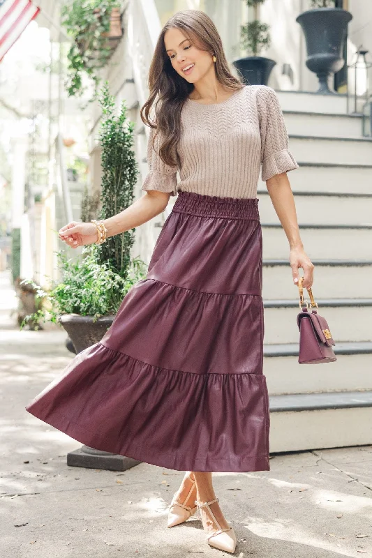 Get It Before It’s Gone!Fate: Where You Belong Burgundy Red Faux Leather Midi Skirt