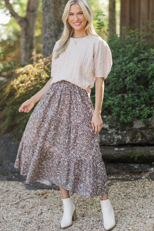Steals and Deals Await!Just One Chance Brown Ditsy Floral Midi Skirt