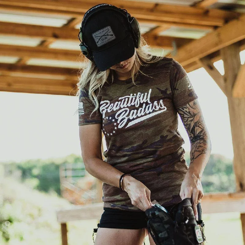 Get the Best for Less!Women's Beautiful Badass T-Shirt - Woodland Camo