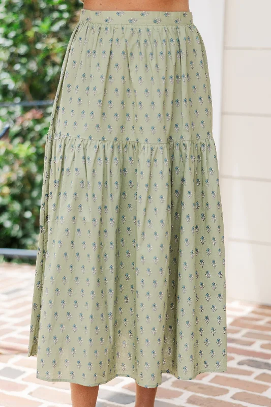 Exclusive Offers You’ll Love!More Than You Know Pistachio Green Floral Midi Skirt