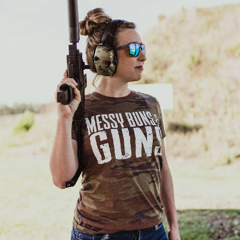 Don’t Wait – Shop Today!Women's Messy Buns & Guns T-Shirt - Woodland Camo
