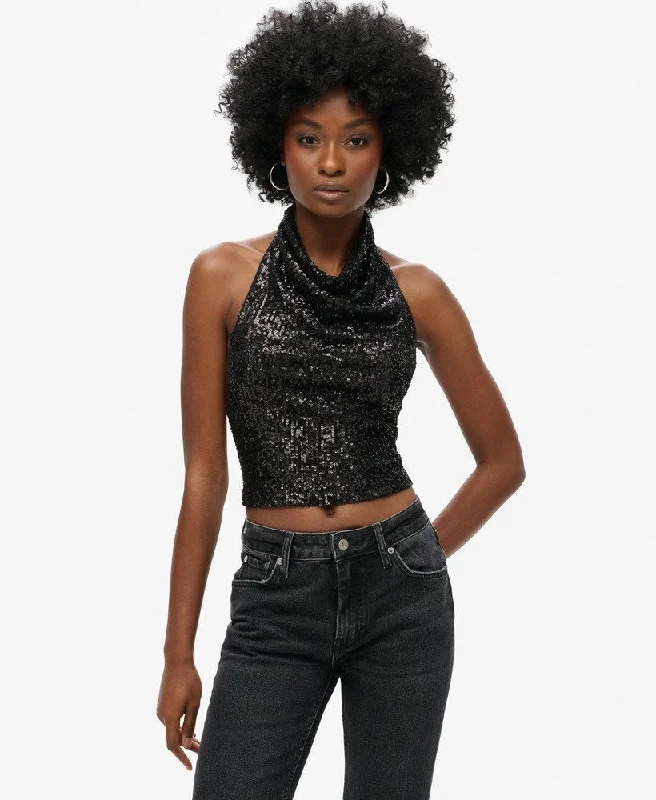 Crazy Discounts Inside!Halter Neck Sequin Top | Black Plain Sequin