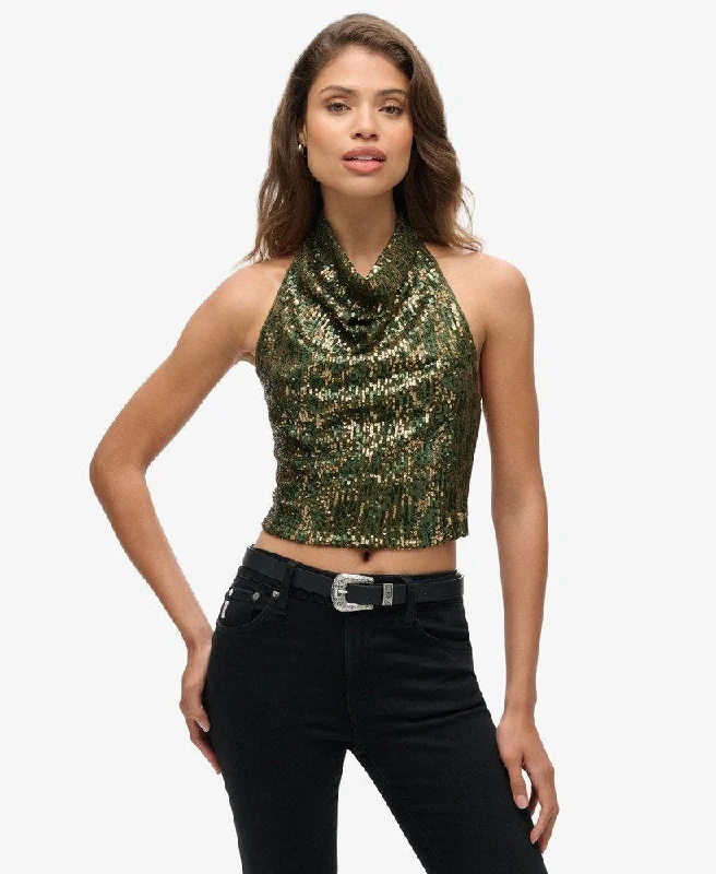 Lowest Prices Guaranteed!Halter Neck Sequin Top | Green Gold Sequin