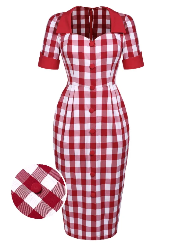 Red 1960s Checked Pockets Pencil Dress