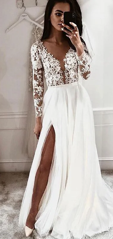 A-line Long Sleeves Beach Long Wedding Dresses Online WD078