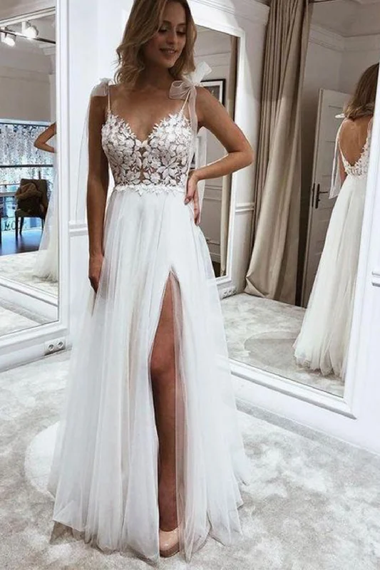 A-line Spaghetti Straps Simple Long Wedding Dresses Online WD079