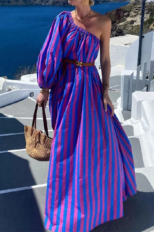 Stripe Romantic One Shoulder Belted Maxi Dress