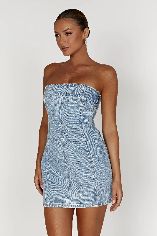 Teddi Denim Mini Dress - Mid Blue