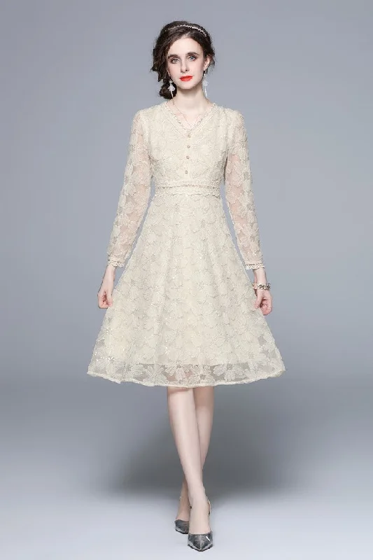 Best Offers of the Month!Apricot Evening A-line V-neck Short Sleeve Below Knee Lace Floral Dress