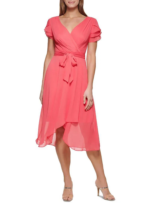 Your Discount is Waiting!Petites Womens Ruffled Sheer Wrap Dress