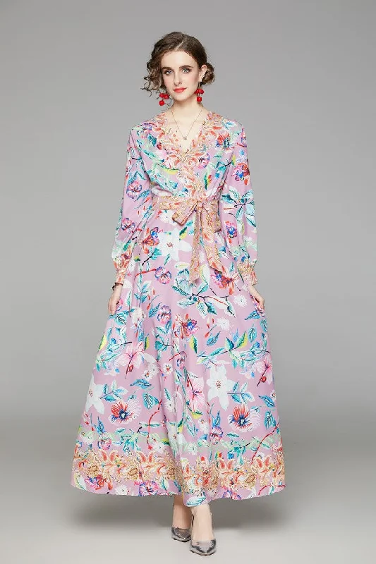 Save More with Every Purchase!Pink & Flower print Day A-line V-neck Long Sleeve Tea Dress