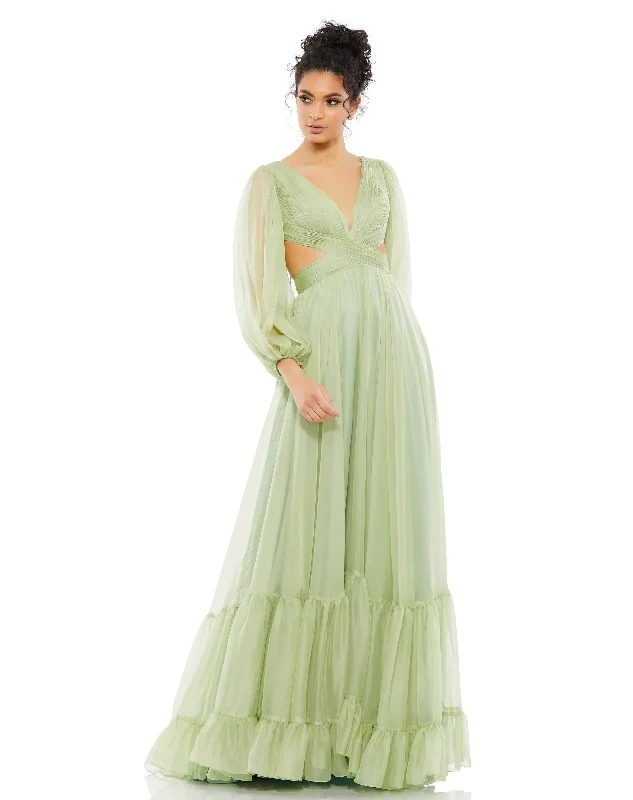 More Discounts, More Joy!Pleated Cut Out Long Sleeve Lace Up Tiered Gown