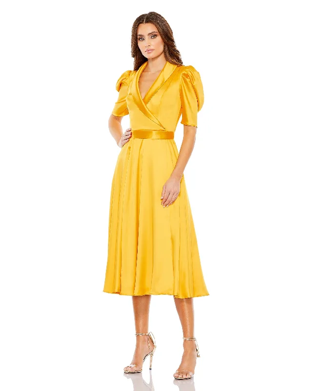Every Deal is a Steal!Satin Lapel Puff Sleeve Tea Length Dress