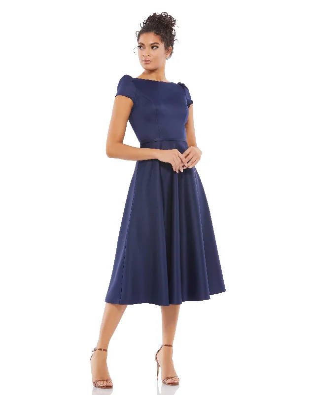 Find the Best Deals Here!Satin Puff Shoulder Tea Length Dress