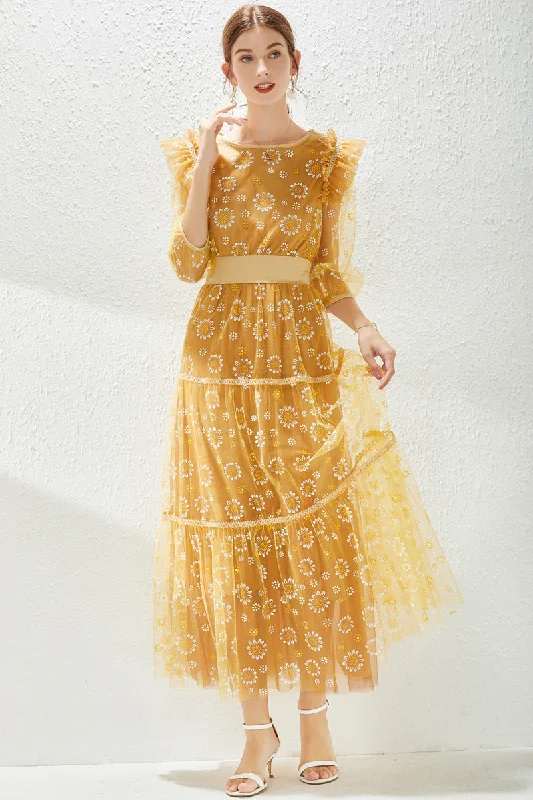 Everything Must Go!Yellow Cocktail A-line Boatneck Elbow Sleeve Tea Lace Dress