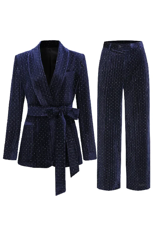 Today Only – Don’t Miss It!2 Pieces Shawl Lapel Navy Women's Suits with Belt
