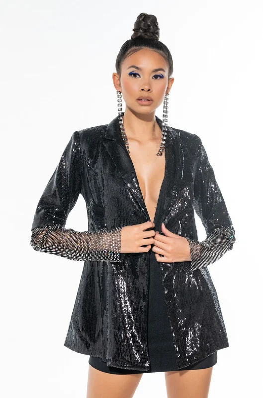 Shop the Hottest Deals!BALL DROP SEQUIN BLAZER WITH RHINESTONE MESH ARMS