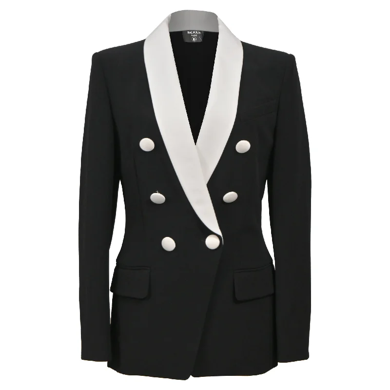 Shop Today, Save Tomorrow!Balmain Double-Breasted Shawl Collar Blazer in Black and White Wool Viscose