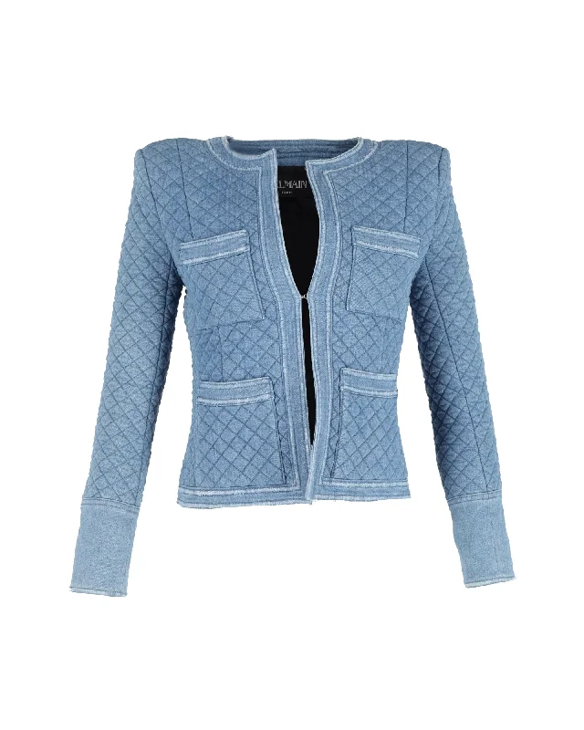 More Discounts, More Joy!Balmain Quilted Collarless Blazer in Blue Cotton