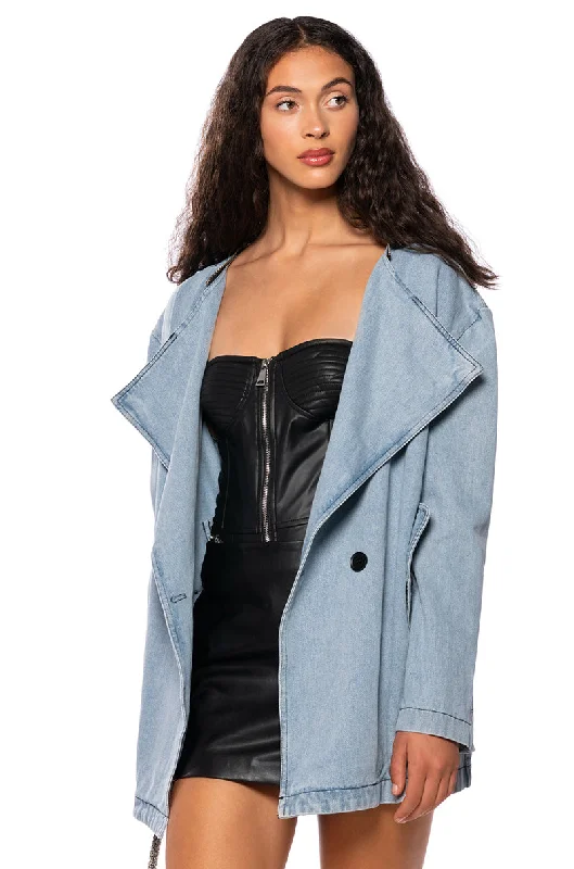 Price Drops You’ll Love!BUSINESS IN THE FRONT DENIM BLAZER MIDI DRESS