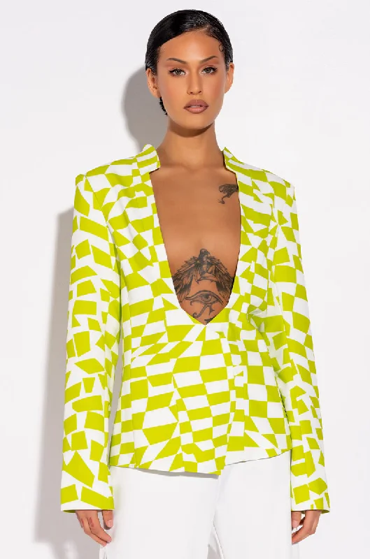 Save Up to 50% Off!CHECKERED LIME OPEN CHEST BLAZER
