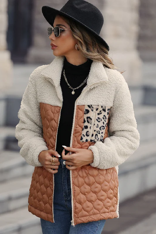 Buy More, Pay Less!Coffee Patchwork Zipper Leopard Jacket