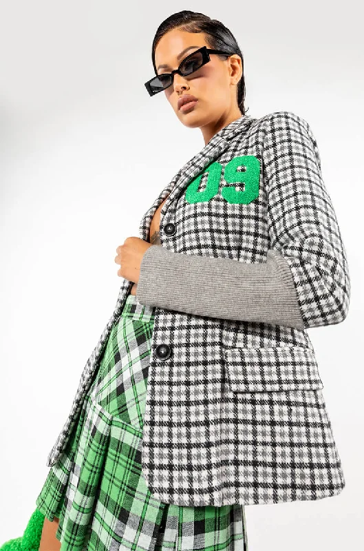 Limited Time Offer!COLLEGIATE BACK TO SCHOOL PLAID BLAZER WITH THUMB HOLES