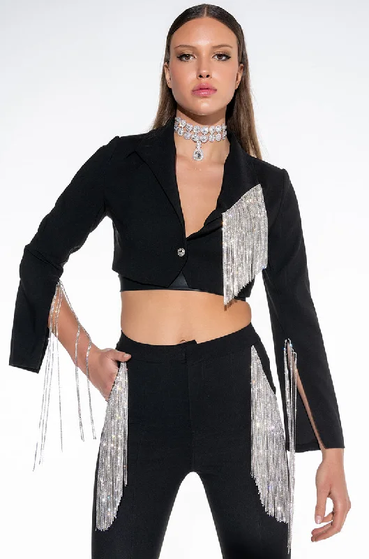 The Best Offers Are Here!DECKED OUT RHINESTONE FRINGE CROP BLAZER