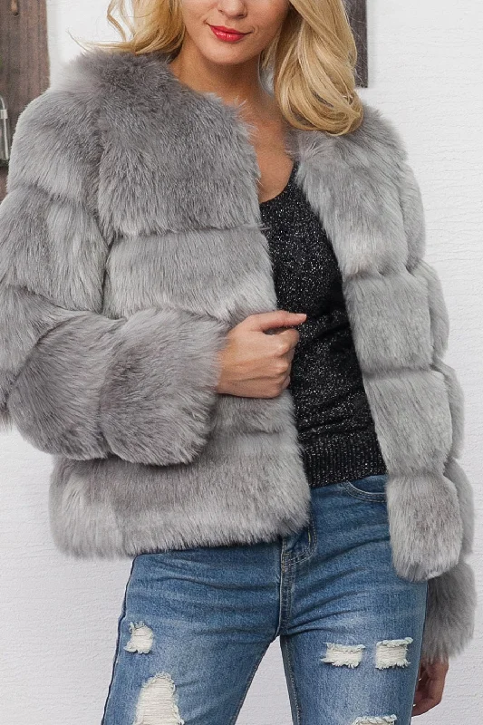 Save More with Every Purchase!Grey Shawl Lapel Cropped Women Faux Fur Coat