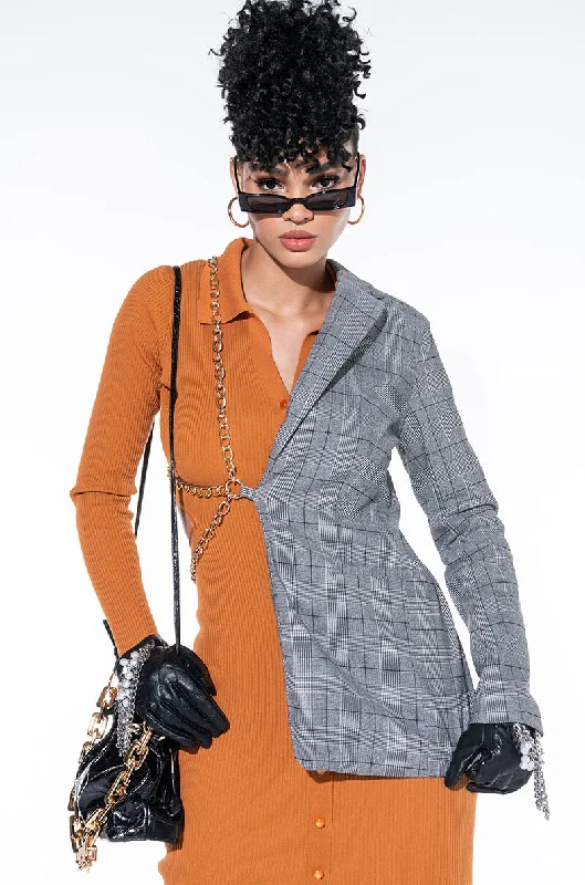 Limited Stock Available!HALF AND HALF PLAID BLAZER WITH CHAIN
