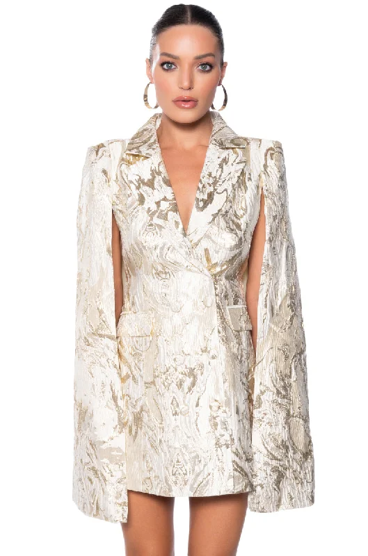 Your Chance to Save is Now!IMANI BROCADE CAPE SLEEVE BLAZER DRESS