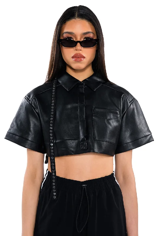 Limited Stock Available!KATYA ULTRA CROPPED FAUX LEATHER BLAZER