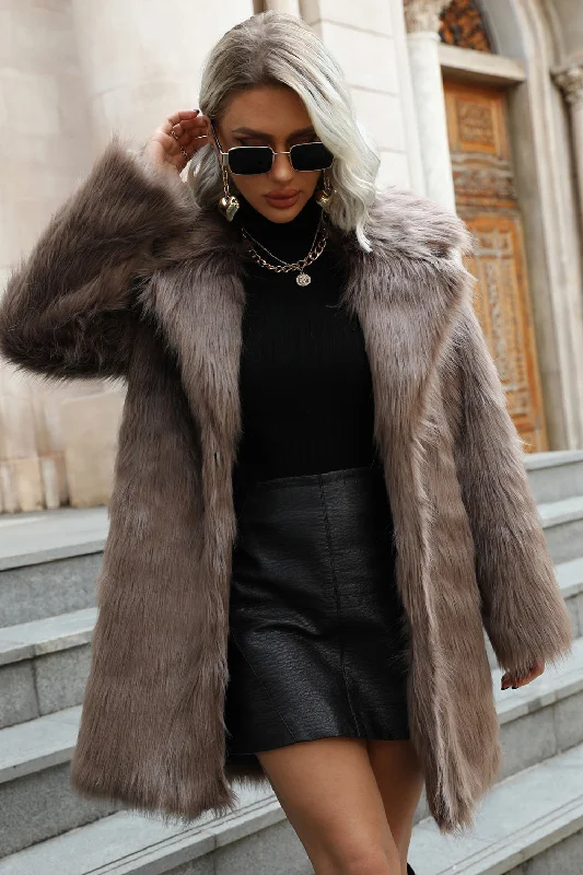 Exclusive Offers You’ll Love!Khaki Midi Lapel Neck Women Faux Fur Coat