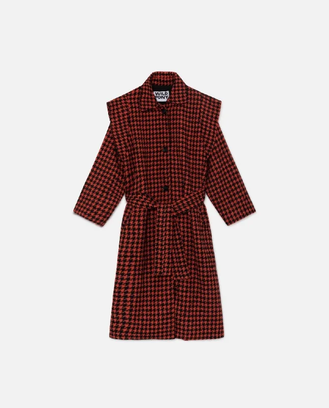 Unbeatable Prices!Long Coat With Shoulder Pads And Houndtooths Print In Coral/black