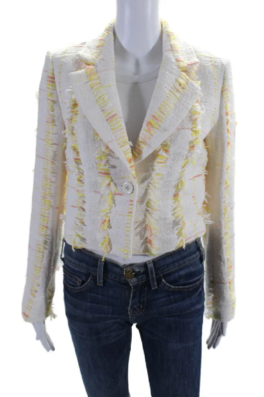 Unbeatable Prices!Marccain Womens Woven Eyelash Single Button Blazer White Yellow Cotton Unbeatable Prices!Marccain Womens Woven Eyelash Single Button Blazer White Yellow Cotton