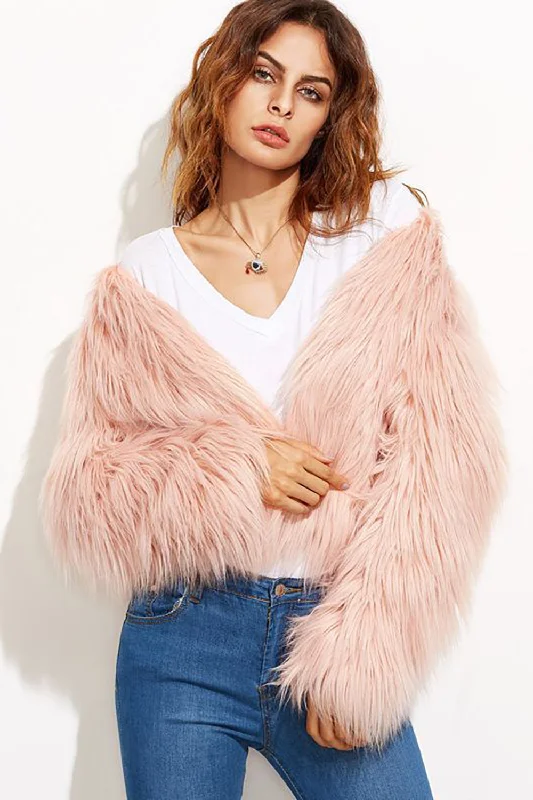 Time to Save Big!Pink Shawl Collar Cropped Faux Fur Shearling Coat