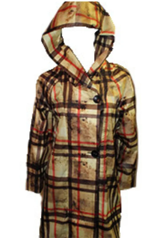 Best Price of the Season!Plaid Side Button Long Hooded Rain Jacket In Gold Multi