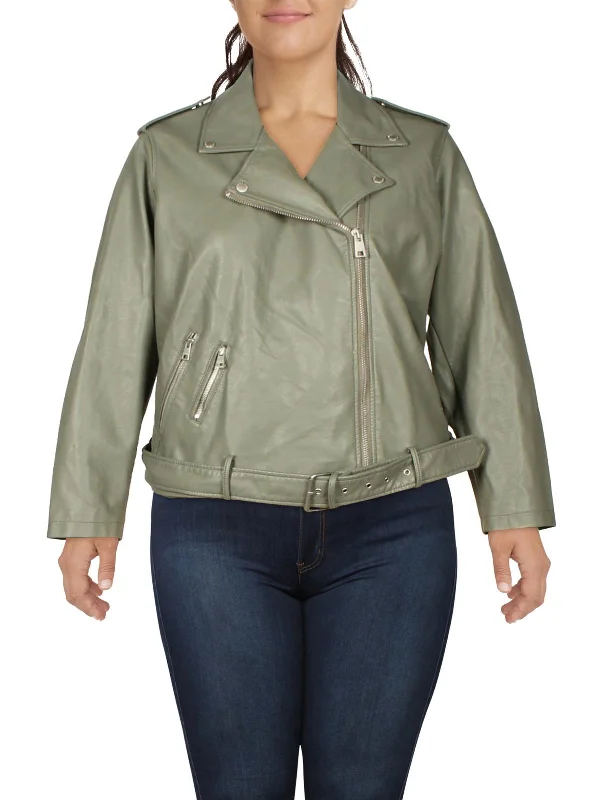 Seasonal Sale – Shop Now!Plus Womens Faux Leather Belted Motorcycle Jacket