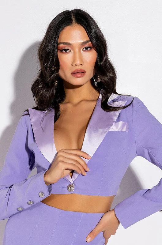 Hot Deals You Can’t Resist!PRETTY THOUGHTS CROPPED BLAZER WITH SATIN LAPEL