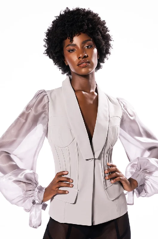 One Click Away from Big Savings!SENTIMENTAL MOOD CHIFFON SLEEVE FITTED BLAZER
