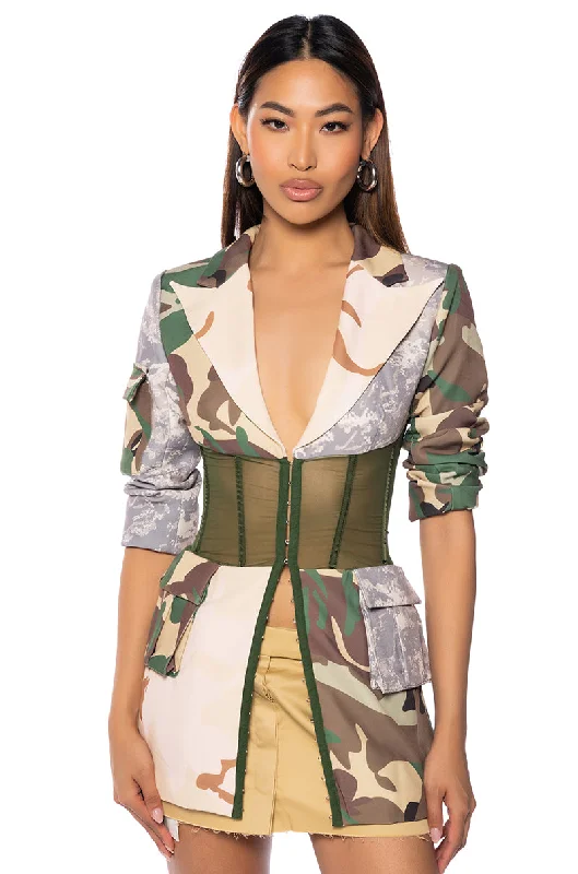 Exclusive Savings This Week!STRONG ONE PATCHWORK CAMO CORSET BLAZER