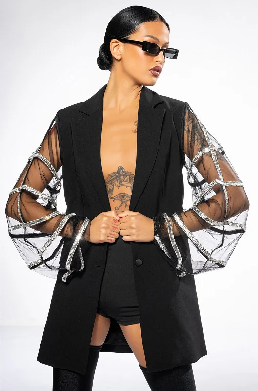 Save More Than Ever!SUGAR AND SPICE MESH RHINESTONE ARM BLAZER