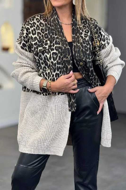 Upgrade for Less!Women's Casual Leopard Print Knit Patchwork Long Sleeve Jacket
