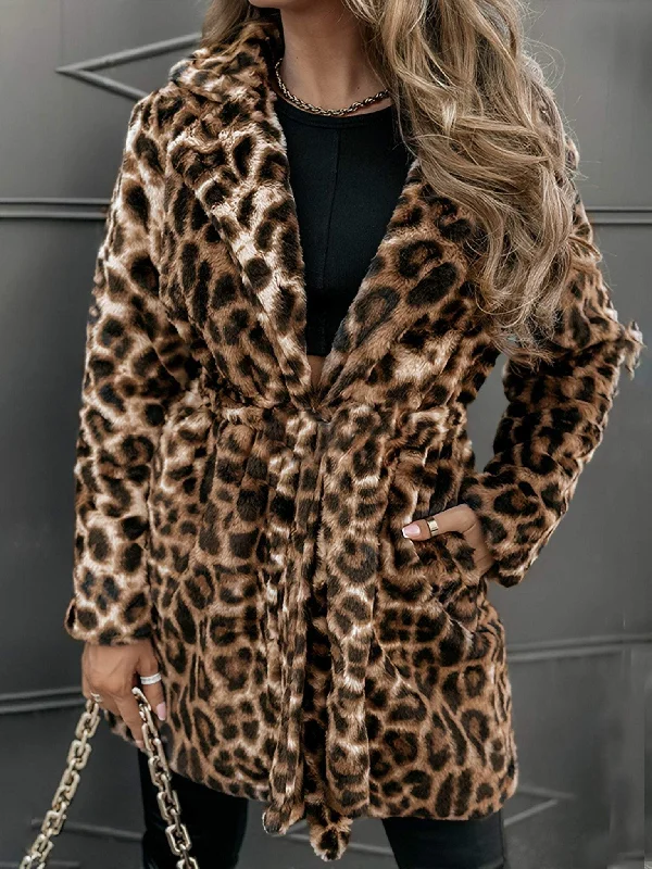 Your Best Deals Are Here!Women's Lapel Long Sleeve Leopard Print Fur Collar Casual Coat