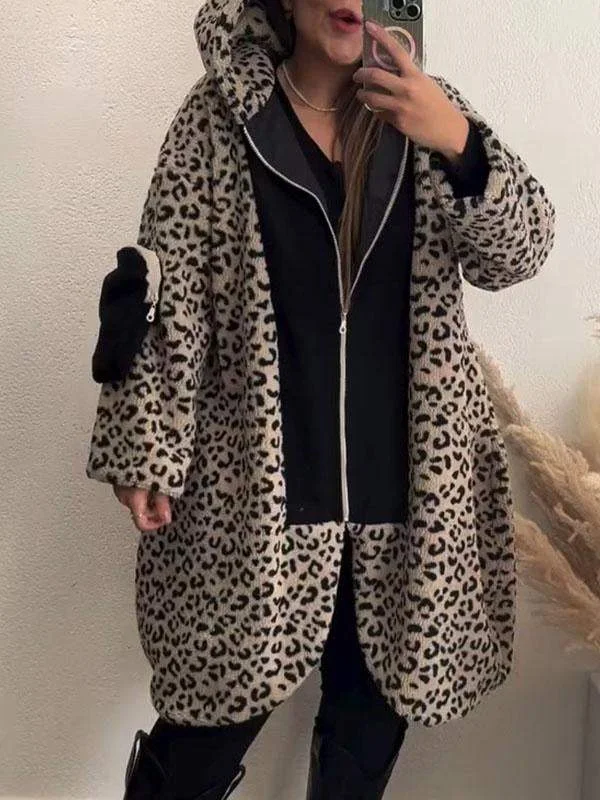 One Click Away from Big Savings!Women's Leopard Print Long Sleeve Hooded Coat