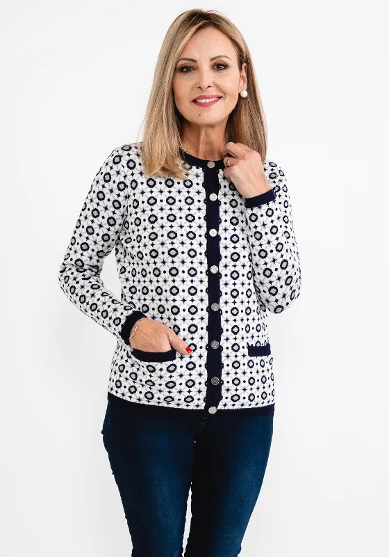 Amazing Prices You Can’t Resist!Castle of Ireland Geo Pattern Knit Cardigan, White & Navy