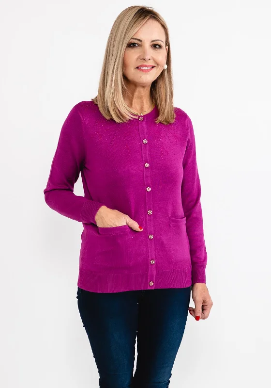 Your Chance to Save is Now!Castle of Ireland Rhinestone Swirl Neck Cardigan, Raspberry