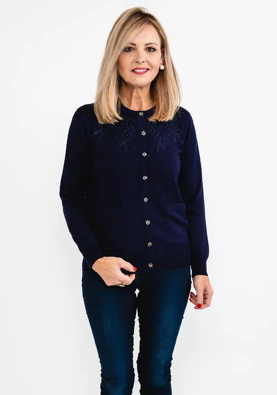 Your Shopping Spree Starts Here!Castle of Ireland Rhinestone Swirl Neck Cardigan, Navy