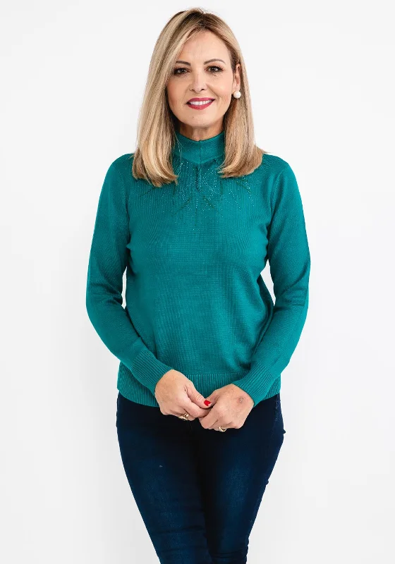 Get Ready to Save!Castle of Ireland Rhinestone High Neck Sweater, Teal