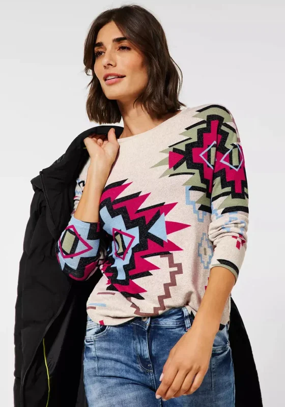 Grab Yours Before It’s Too Late!Cecil Ikat Print Fine Oversize Sweater, Beige Multi